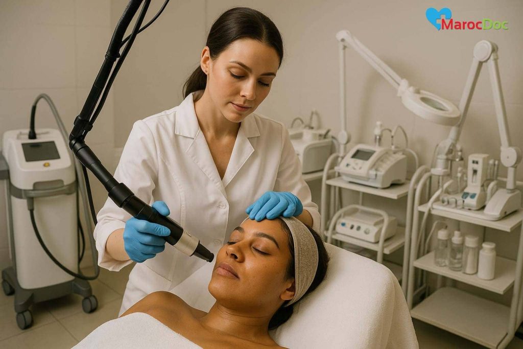 الليزر والتقشير والميزوثيرابي ثورة في علاج التصبغات الجلدية Soins esthétiques en cours dans une clinique